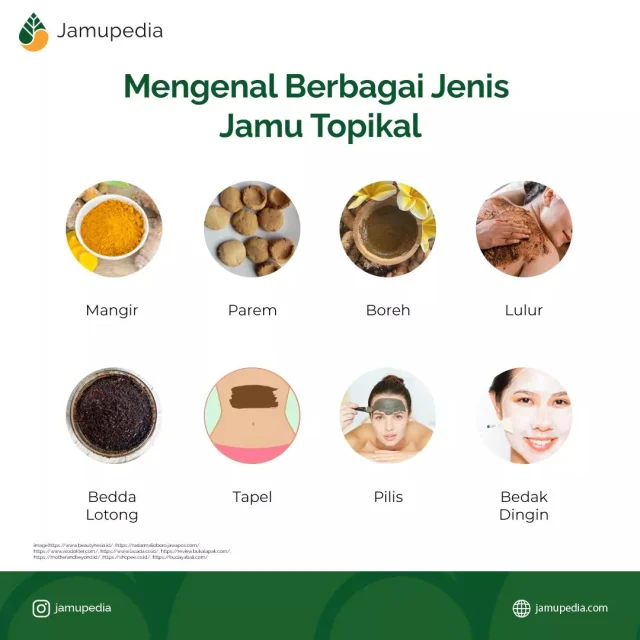 Jamu menjadi warisan budaya yang tak pernah lekang oleh waktu. Tau nggak Sob, penggunaan jamu pun sangat beragam mulai dari yang diminum hingga sediaan topikal. Jamu topikal biasanya berupa minyak, aromaterapi, serbuk, dan sediaan lain yang digunakan untuk tujuan kesehatan maupun kecantikan. 

Produk dari jamu topikal dapat dengan mudah Sobat temui dalam bentuk parem, boreh, lulur, tapel, pilis, dan bedak dingin.

Bagi Sobat yang penasaran tentang sediaan jamu topikal bisa baca di website Jamupedia ya Sob.
#kecantikan #tradisional #alami